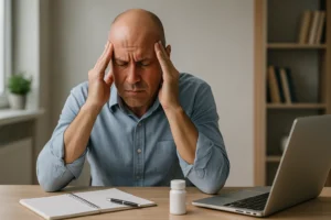 Homem sentado à mesa pressionando as têmporas devido à dor de cabeça, em ambiente de escritório iluminado, representando cefaleia tensional.