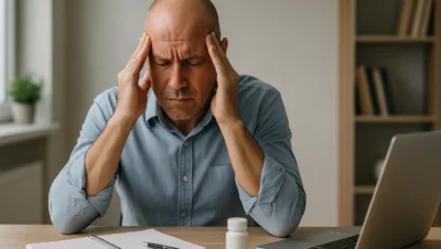 Homem sentado à mesa pressionando as têmporas devido à dor de cabeça, em ambiente de escritório iluminado, representando cefaleia tensional.