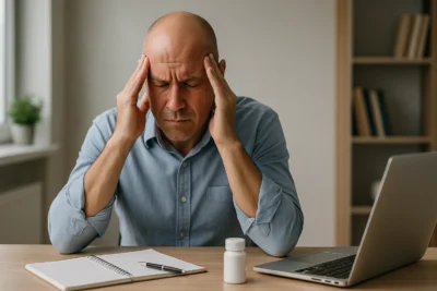 Homem sentado à mesa pressionando as têmporas devido à dor de cabeça, em ambiente de escritório iluminado, representando cefaleia tensional.